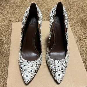Tory Burch White and Silver Embellished Heels